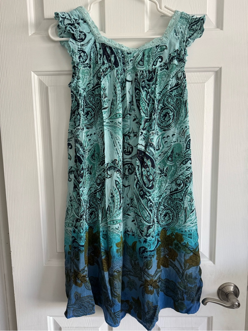 Aqua Paisley Sleeveless Sundress with Blue Floral Hem - Picture 4 of 5